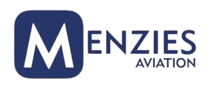 Logo for Menzies Aviation: blue rounded-square emblem with a stylized M and the words MENZIES AVIATION.