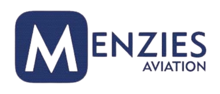 Logo for Menzies Aviation: blue rounded-square emblem with a stylized M and the words MENZIES AVIATION.